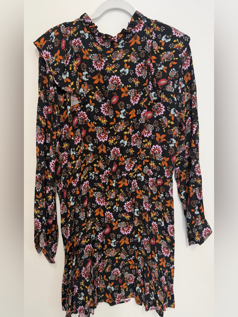 Long Sleeve Floral Ruffle Dress - Black with Pink & Orange Floral - Picture 5 of 11